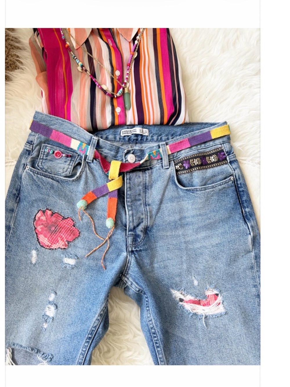 ZARA • Boho Embellished Bleached Cuff Distressed Jeans w. Bead & Floral Detail
